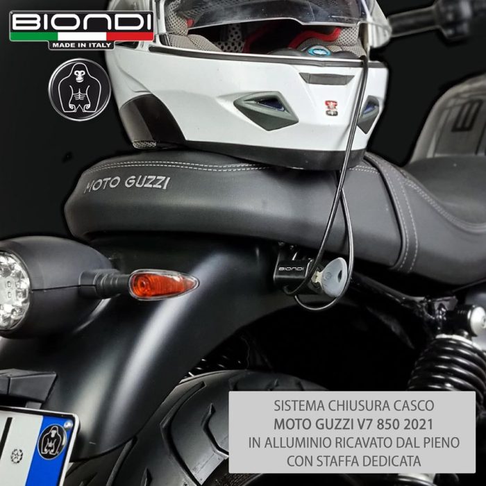 ANTI-THEFT LOCKING SYSTEM HELMETS and JACKET WITH LOCK, SPECIFIC for Moto Guzzi V7 850 2021 AND V7 Sport - 2024 (ALUMINUM lock block obtained solid and dedicated steel bracket)