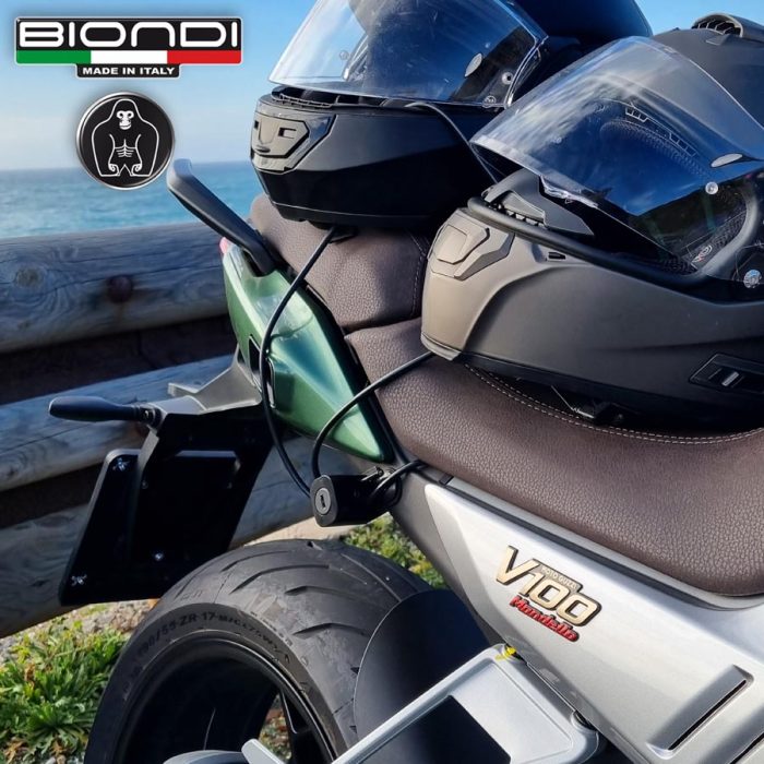 ANTI-THEFT LOCKING SYSTEM HELMETS and JACKET WITH LOCK, SPECIFIC for Moto Guzzi V100 2022 (ALUMINUM lock block obtained solid and dedicated steel bracket)